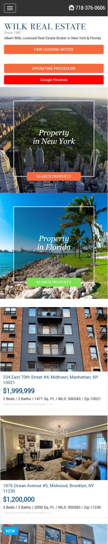 Wilk Real Estate — головна сторінка, мобільна